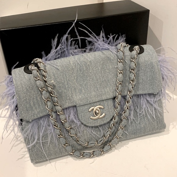 CHANEL 🩵Blue Denim Ostrich Feather Black Classic Rectangle Flap Bag Silver HW - Picture 1 of 16
